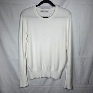 Zara Women's Gold Button Cuff Knit Sweater XL White Crewneck Fine Knit Top